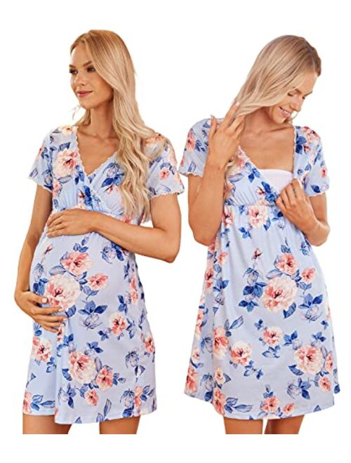 Ekouaer Women 3 in 1 Delivery/Labor/Maternity/Nursing Nightgown Short Sleeve Pleated Breastfeeding Sleep Dress(S-XXL)