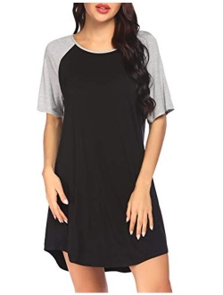 Nightgowns Short Sleeve Raglan Sleepshirts Casual Nightshirt Lounge Dress Boyfriend Style Sleepwear for Women