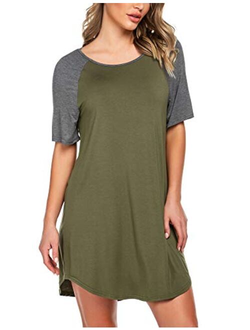 Ekouaer Nightgowns Short Sleeve Raglan Sleepshirts Casual Nightshirt Lounge Dress Boyfriend Style Sleepwear for Women