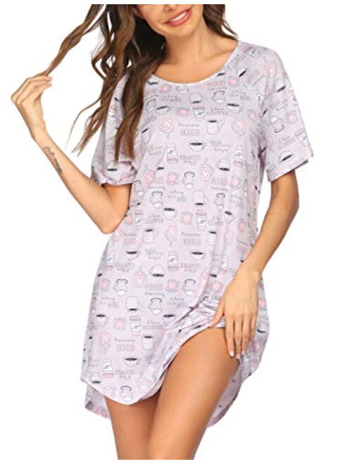 Ekouaer Nightgowns Short Sleeve Raglan Sleepshirts Casual Nightshirt Lounge Dress Boyfriend Style Sleepwear for Women