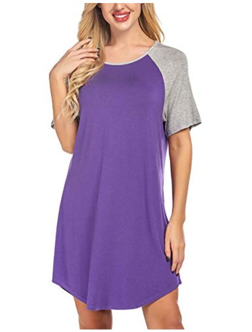 Ekouaer Nightgowns Short Sleeve Raglan Sleepshirts Casual Nightshirt Lounge Dress Boyfriend Style Sleepwear for Women