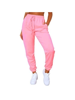 Women's Solid Sweatpants Drawstring Jogger Sweat Pants Cinch Bottom Casual Elastic Waist Workout Trousers