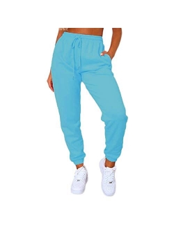 Women's Solid Sweatpants Drawstring Jogger Sweat Pants Cinch Bottom Casual Elastic Waist Workout Trousers