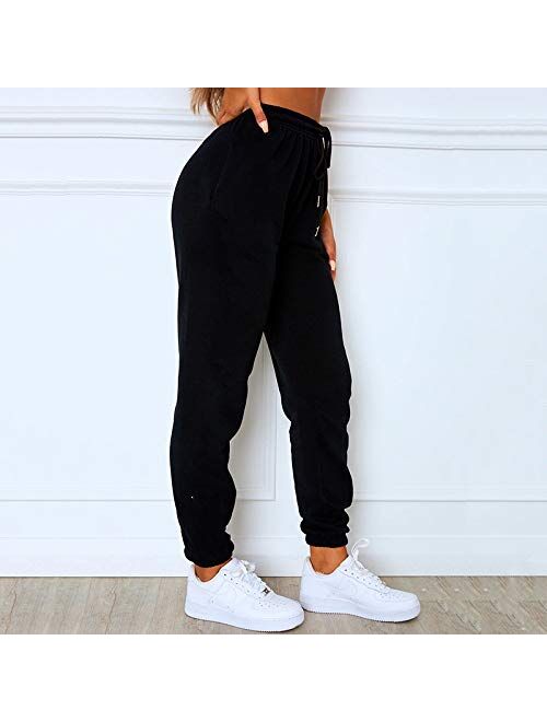 Women's Solid Sweatpants Drawstring Jogger Sweat Pants Cinch Bottom Casual Elastic Waist Workout Trousers