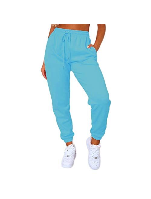 Women's Solid Sweatpants Drawstring Jogger Sweat Pants Cinch Bottom Casual Elastic Waist Workout Trousers