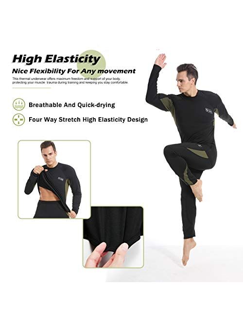 Mens Thermal Underwear Set, Winter Fleece Lined Sport Long Johns Base Layer Quick Drying Thermo for Hunting Skiing