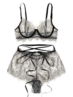 Women's 2 Piece Lingerie Set Sheer Lace Underwire Bralette Bra and Shorts