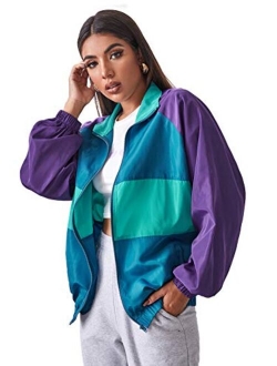 Women's Lightweight Windbreaker Patchwork Zipper Sport Jacket Coat Outerwear