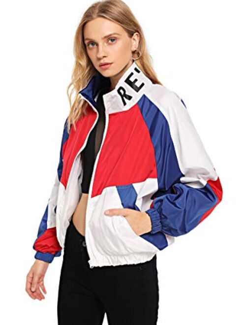 SweatyRocks Women's Lightweight Windbreaker Patchwork Zipper Sport Jacket Coat Outerwear