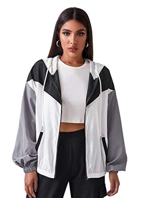 SweatyRocks Women's Lightweight Windbreaker Patchwork Zipper Sport Jacket Coat Outerwear