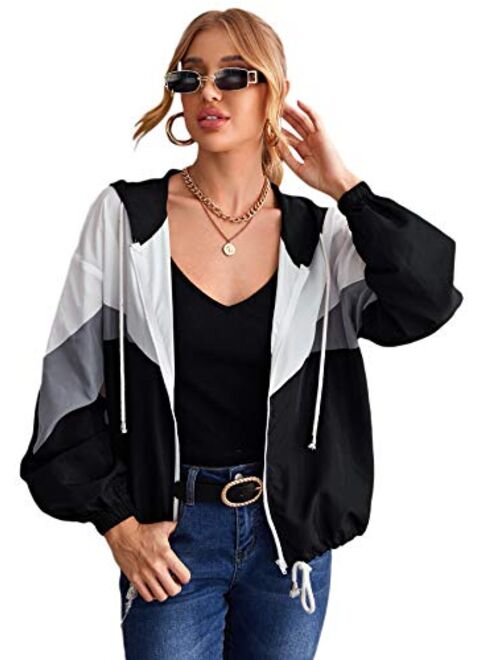 SweatyRocks Women's Lightweight Windbreaker Patchwork Zipper Sport Jacket Coat Outerwear