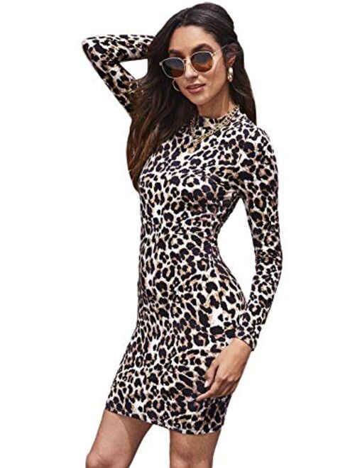 SweatyRocks Women's Leopard Print Club Dress Long Sleeves Bodycon Pencil Mini Dresses