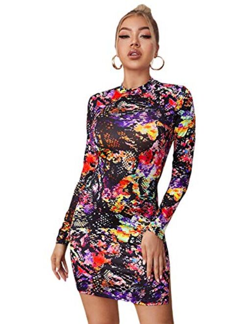 SweatyRocks Women's Leopard Print Club Dress Long Sleeves Bodycon Pencil Mini Dresses