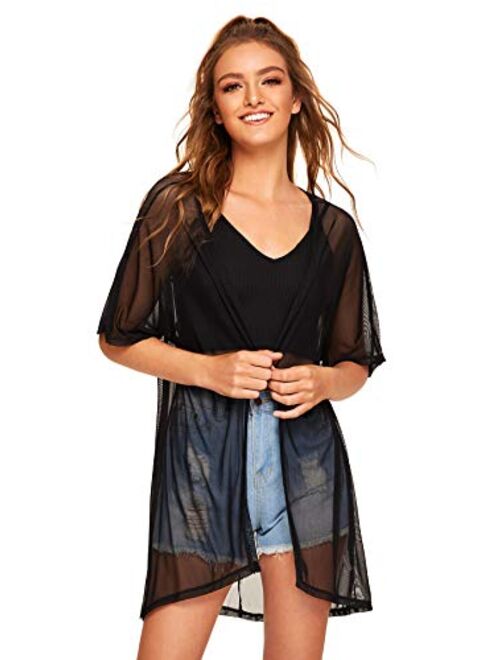 SweatyRocks Women's Floral Lace Crochet Kimono Cardigan Beach Wear Cover up