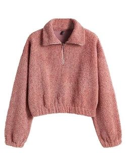 Women's Faux Fur Pullover Half Zip Long Sleeve Crop Sweatshirt Tops