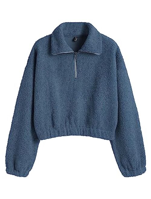 ZAFUL Women's Faux Fur Pullover Half Zip Long Sleeve Crop Sweatshirt Tops