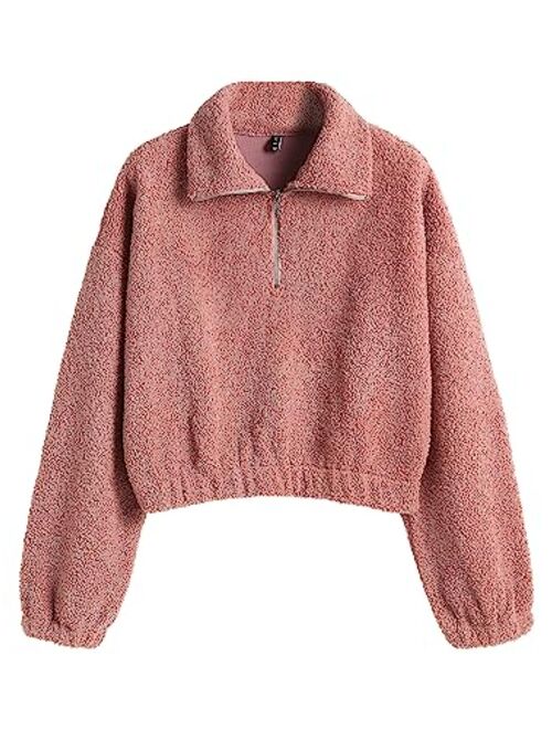 ZAFUL Women's Faux Fur Pullover Half Zip Long Sleeve Crop Sweatshirt Tops