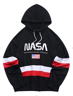Men's NASA Logo American Flag Print Drawstring Hooded Sweatshirt Unisex Colorblock Kangaroo Pocket Hoodies Pullover