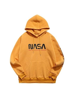 Men's NASA Logo American Flag Print Drawstring Hooded Sweatshirt Unisex Colorblock Kangaroo Pocket Hoodies Pullover