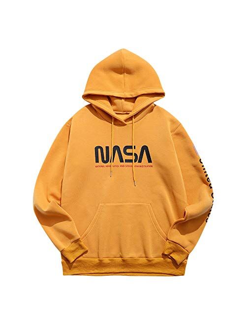 ZAFUL Men's NASA Logo American Flag Print Drawstring Hooded Sweatshirt Unisex Colorblock Kangaroo Pocket Hoodies Pullover