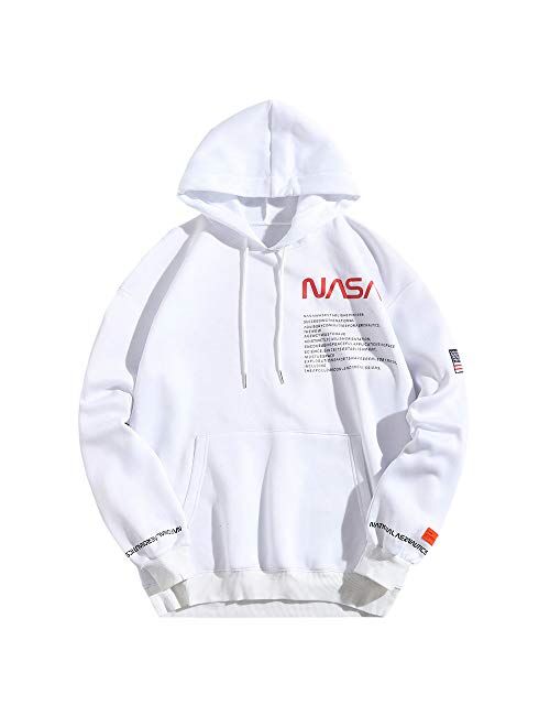 ZAFUL Men's NASA Logo American Flag Print Drawstring Hooded Sweatshirt Unisex Colorblock Kangaroo Pocket Hoodies Pullover