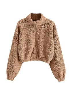 Women's Faux Fur Fuzzy Coat Full Zip Drop Shoulder Jacket Cropped Sweatshirts