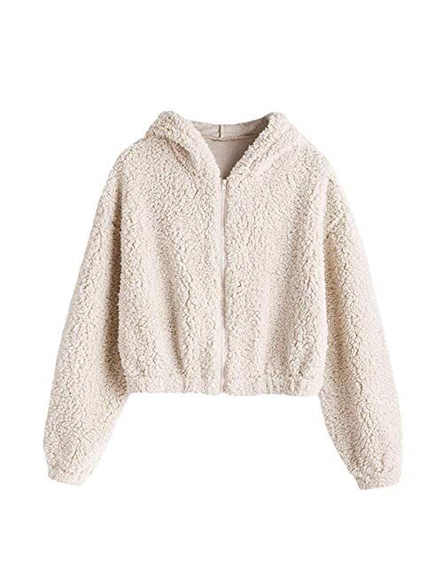 ZAFUL Women's Faux Fur Fuzzy Coat Full Zip Drop Shoulder Jacket Cropped Sweatshirts