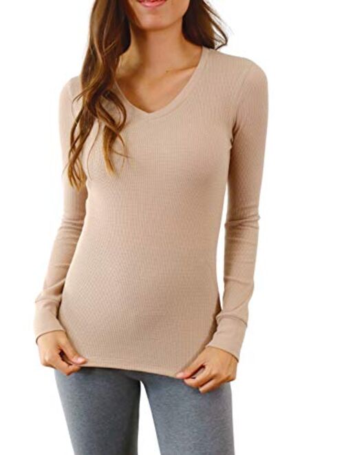 Pure Look Women's Long Sleeve Waffle Knit Stretch Cotton Thermal Underwear Shirt