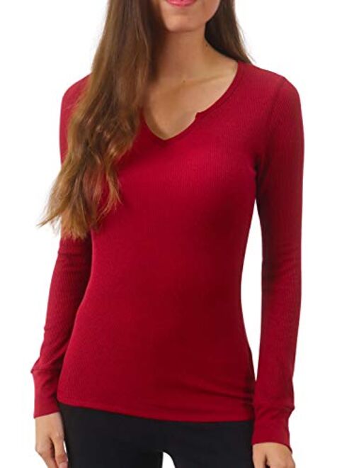 Pure Look Women's Long Sleeve Waffle Knit Stretch Cotton Thermal Underwear Shirt