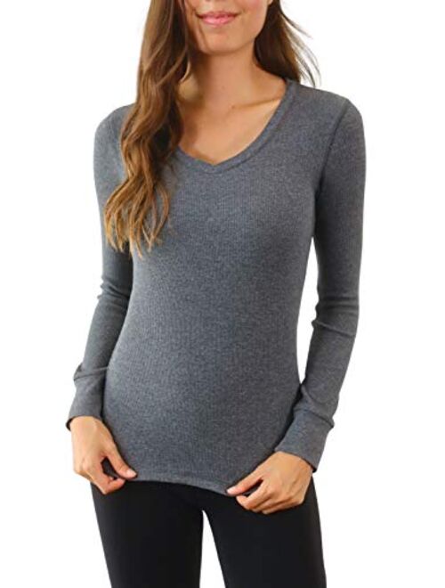 Pure Look Women's Long Sleeve Waffle Knit Stretch Cotton Thermal Underwear Shirt