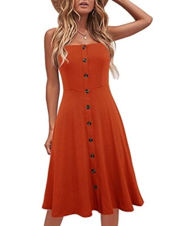 Berydress Women's Casual Beach Summer Dresses Solid Cotton Flattering A-Line Spaghetti Strap Button Down Midi Sundress