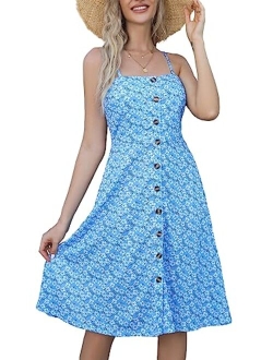 Berydress Women's Casual Beach Summer Dresses Solid Cotton Flattering A-Line Spaghetti Strap Button Down Midi Sundress