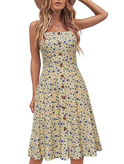 Berydress Women's Casual Beach Summer Dresses Solid Cotton Flattering A-Line Spaghetti Strap Button Down Midi Sundress