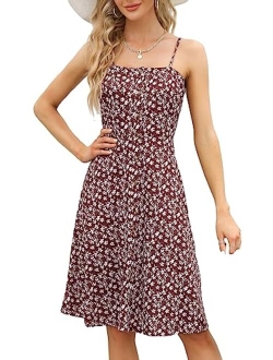 Berydress Women's Casual Beach Summer Dresses Solid Cotton Flattering A-Line Spaghetti Strap Button Down Midi Sundress