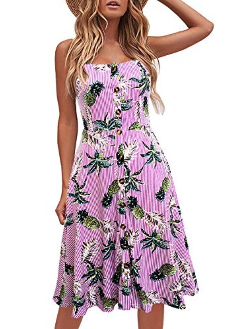 Berydress Women's Casual Beach Summer Dresses Solid Cotton Flattering A-Line Spaghetti Strap Button Down Midi Sundress