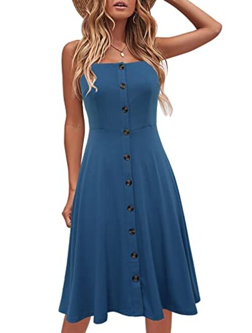 Berydress Women's Casual Beach Summer Dresses Solid Cotton Flattering A-Line Spaghetti Strap Button Down Midi Sundress