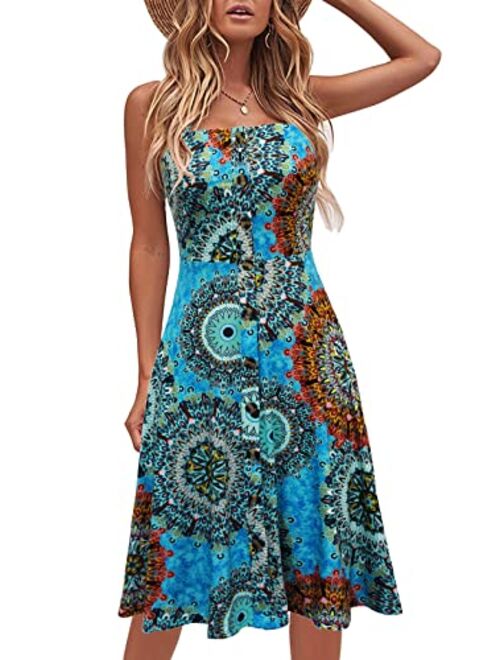 Berydress Women's Casual Beach Summer Dresses Solid Cotton Flattering A-Line Spaghetti Strap Button Down Midi Sundress