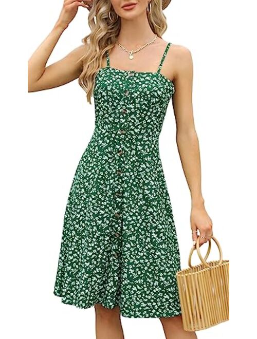 Berydress Women's Casual Beach Summer Dresses Solid Cotton Flattering A-Line Spaghetti Strap Button Down Midi Sundress