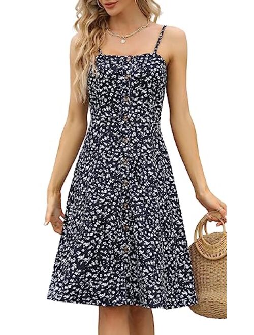 Berydress Women's Casual Beach Summer Dresses Solid Cotton Flattering A-Line Spaghetti Strap Button Down Midi Sundress