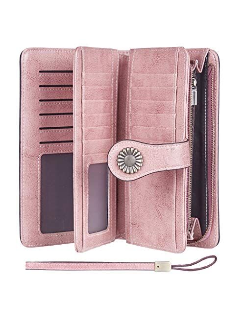 Travelambo Womens Large Capacity RFID Blocking Genuine Leather Multi Card Wallets