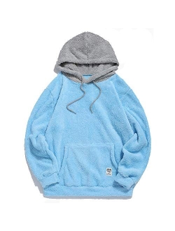 Fashion Sherpa Pullover Hooded Sweatshirts Unisex Colorblock Splicing Drawstring Fluffy Faux Fur Hoodies