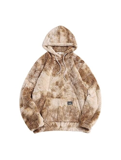 Fashion Sherpa Pullover Hooded Sweatshirts Unisex Colorblock Splicing Drawstring Fluffy Faux Fur Hoodies