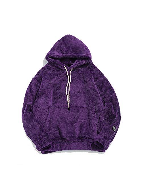 ZAFUL Fashion Sherpa Pullover Hooded Sweatshirts Unisex Colorblock Splicing Drawstring Fluffy Faux Fur Hoodies