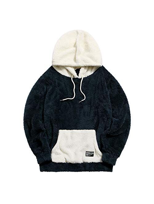 ZAFUL Fashion Sherpa Pullover Hooded Sweatshirts Unisex Colorblock Splicing Drawstring Fluffy Faux Fur Hoodies