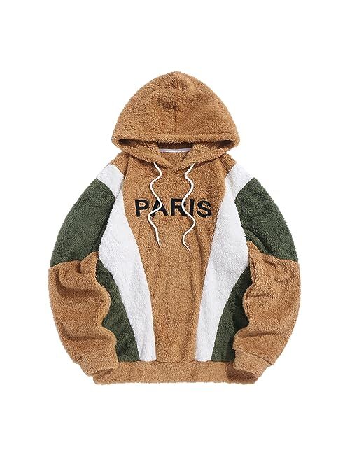 ZAFUL Fashion Sherpa Pullover Hooded Sweatshirts Unisex Colorblock Splicing Drawstring Fluffy Faux Fur Hoodies