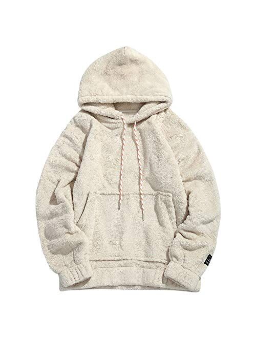 ZAFUL Fashion Sherpa Pullover Hooded Sweatshirts Unisex Colorblock Splicing Drawstring Fluffy Faux Fur Hoodies