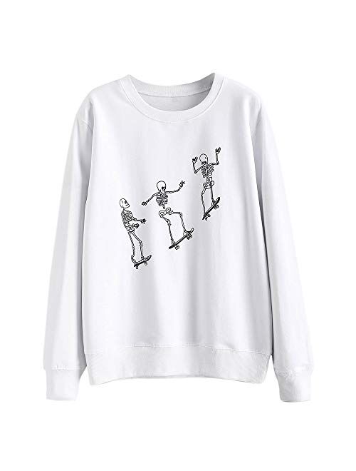 ZAFUL Women's Halloween Skeleton Print Long Sleeve Pullover Sweatshirt Hoodie Tops