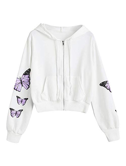 ZAFUL Women's Fleece Lined Zip Up Hoodie Long Sleeve Crop Top Hooded Sweatshirt