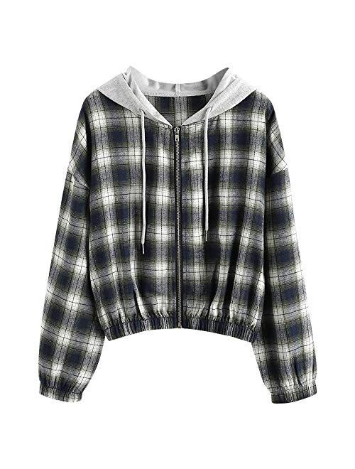 ZAFUL Women's Fleece Lined Zip Up Hoodie Long Sleeve Crop Top Hooded Sweatshirt