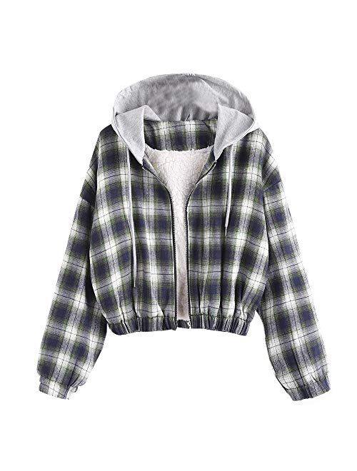 ZAFUL Women's Fleece Lined Zip Up Hoodie Long Sleeve Crop Top Hooded Sweatshirt